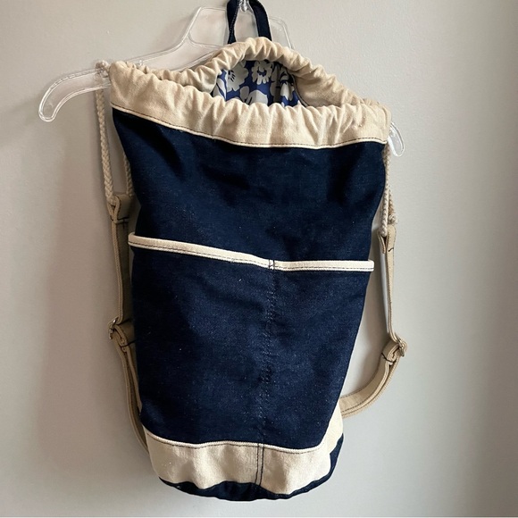 Unbranded Blue Denim Unisex Medium Backpack Cream Straps Trim Zip Pouch Included - Picture 1 of 7